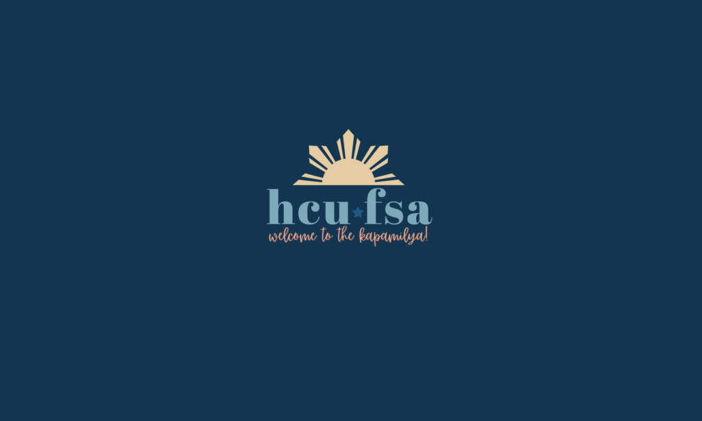 Yellow sun, HCU FSA text, and “welcome to the kapamilya!” logo for Houston Christian University Filipino Student Association.