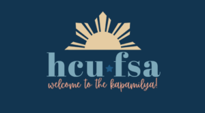 Yellow sun, HCU FSA text, and “welcome to the kapamilya!” logo for Houston Christian University Filipino Student Association.
