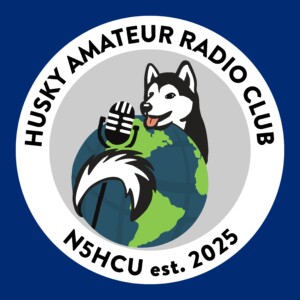 Husky holds microphone by globe, “N5HCU est. 2025” on white ring; logo for Houston Christian University radio club.