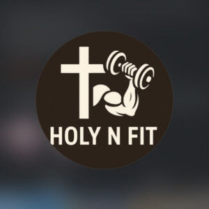 Cross and flexed arm with dumbbell, HOLY N FIT text below on a dark HCU circle background for Houston Christian University.