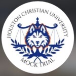 Houston Christian University Mock Trial Team logo featuring a blue and white wolf, justice scales, and laurel branches.
