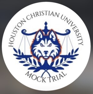 Houston Christian University Mock Trial Team logo featuring a blue and white wolf, justice scales, and laurel branches.