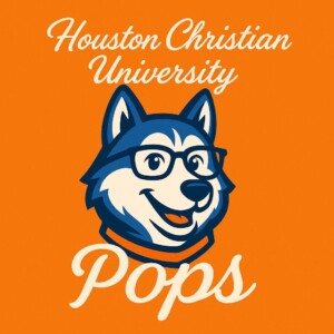 Cartoon husky wearing glasses with Houston Christian University Pops Pre-Optometry Club text on orange background.