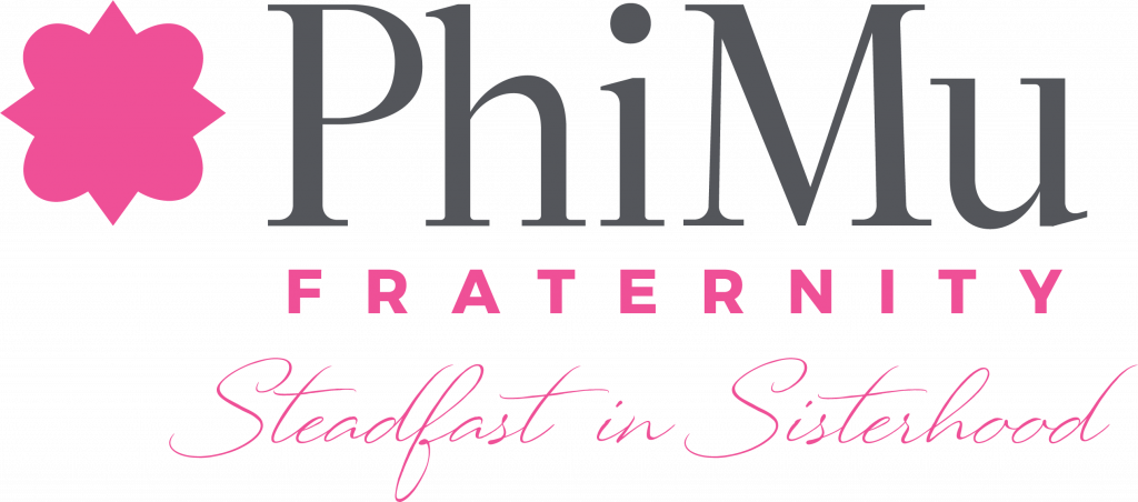 Phi Mu logo features pink symbol, “Fraternity,” and “Steadfast in Sisterhood” in script, tailored for HCU community.