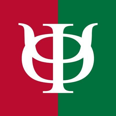Red and green split background, large white Phi Kappa Psi symbol centered, reflecting Houston Christian University.