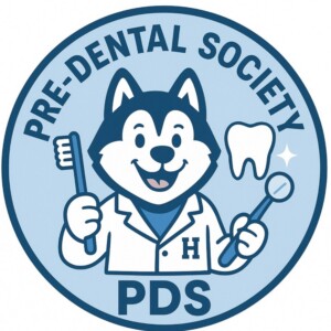 Cartoon husky in lab coat holds dental tools inside Pre-Dental Society PDS logo, promoting oral health care.