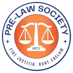 Pre-Law Society circular logo with justice scales and "Fiat Justitia, Ruat Caelum" for Houston Christian University students.