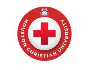 Red cross in a white circle with husky head above, Houston Christian University logo referencing the American Red Cross.