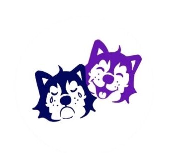 Two cartoon cat faces, one navy blue and one purple, star on a white background for campus drama club event.
