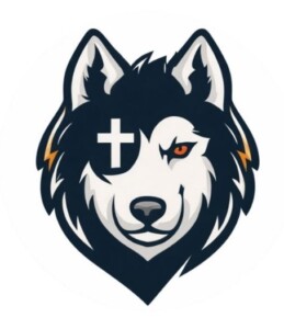 HCU husky head logo with black eyepatch and red scar, representing resilience against human trafficking.