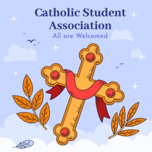 Cross draped in red cloth with orange leaves, “Catholic Student Association—All are Welcomed” at HCU campus.