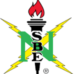 Green N with yellow lightning, torch, and bold black SBE letters stacked vertically; HCU campus branding elements.