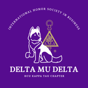 White dog and golden key on purple background, Delta Mu Delta honor society symbol for HCU Kappa Tau Chapter.