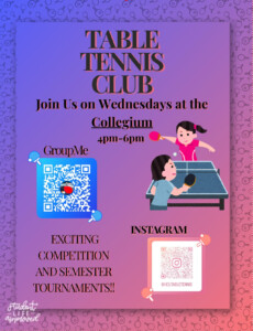Table Tennis Club flyer featuring cartoon kids playing ping pong, event info, and QR codes for GroupMe and Instagram.