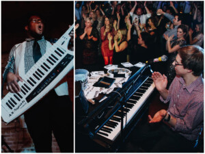 Student plays keytar during Family Weekend as a crowd cheers and another musician claps at the piano with song requests.