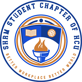 SHRM HCU logo with shield, book, globe, torch; text reads: SHRM—Better Workplace Better World.