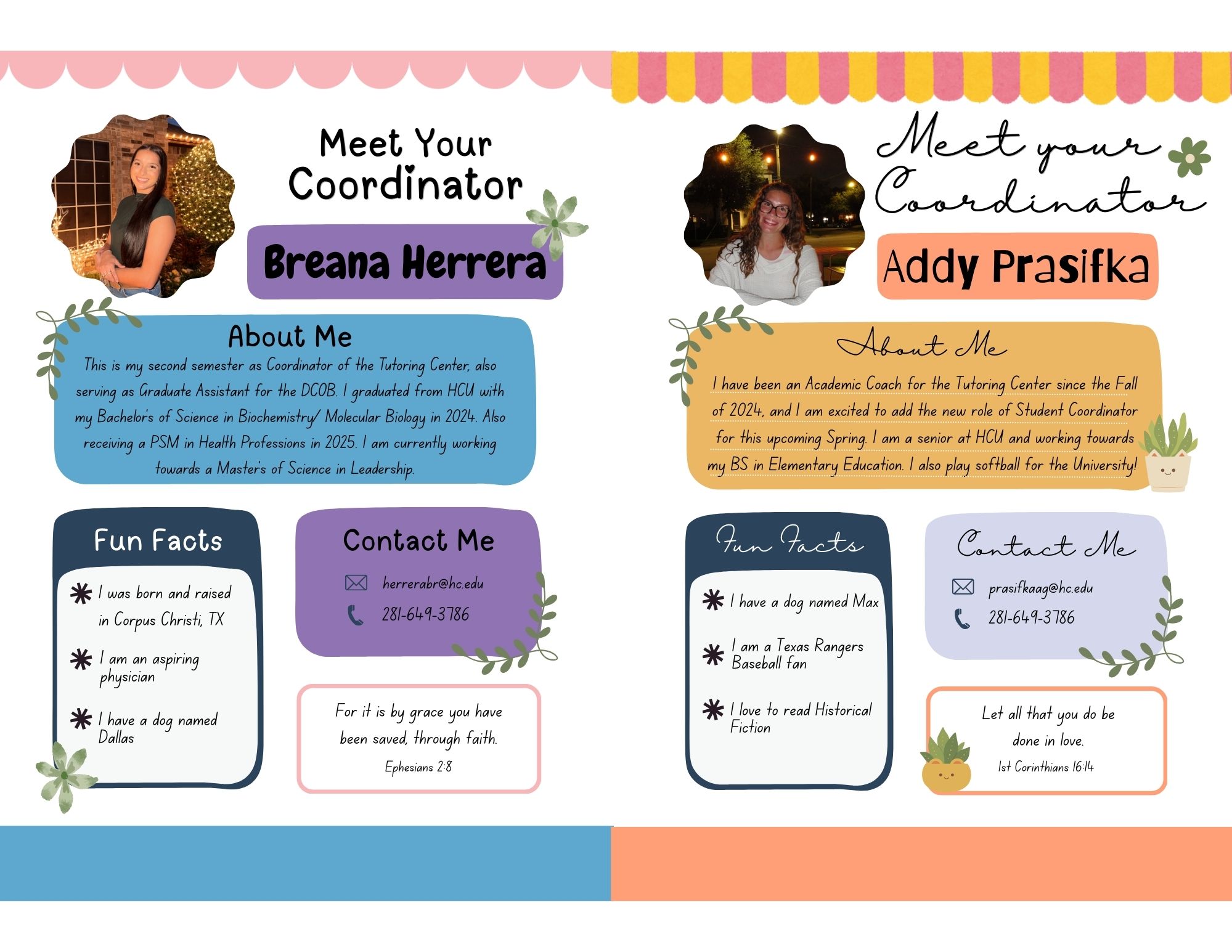 Coordinator profiles with photos, bios, fun facts, and contact info on a vibrant split-page background for Houston Christian University.