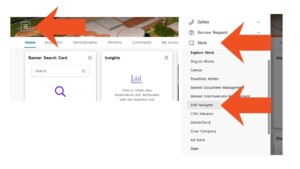 Highlighted menu icon with arrows directing to dropdown and Navigate Work option in HCU portal interface.
