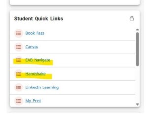 Student Quick Links menu showing options; HCU Navigate and Handshake buttons are highlighted for emphasis.