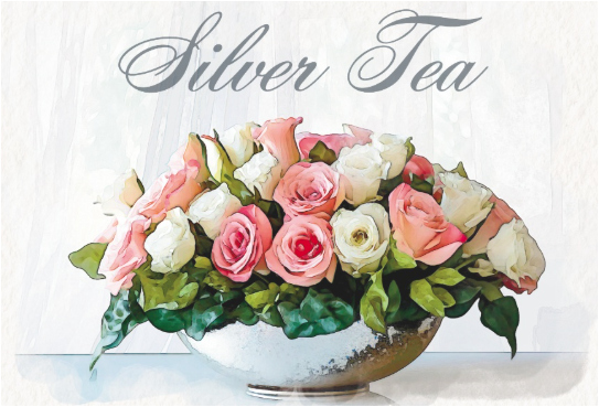 Silver bowl of pink and white roses, “Silver Tea” script above, celebrating tradition at Houston Christian University.