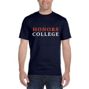 Person in a navy blue Honors College T-shirt, proudly representing Houston Christian University spirit.
