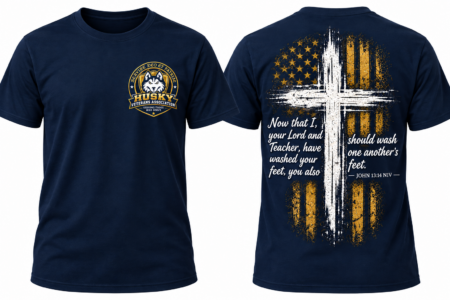 Navy Houston Christian University t-shirt with Husky Veterans Association logo on front, cross, flag, and verse on back.